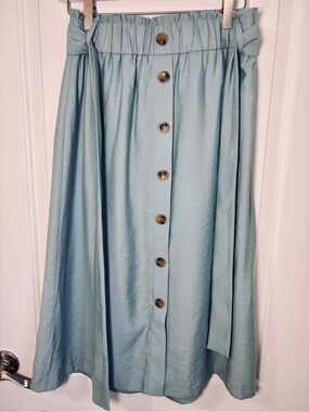 Ann Taylor Sky Blue Button-Front Midi Skirt with Waist Tie - Size Petite Medium